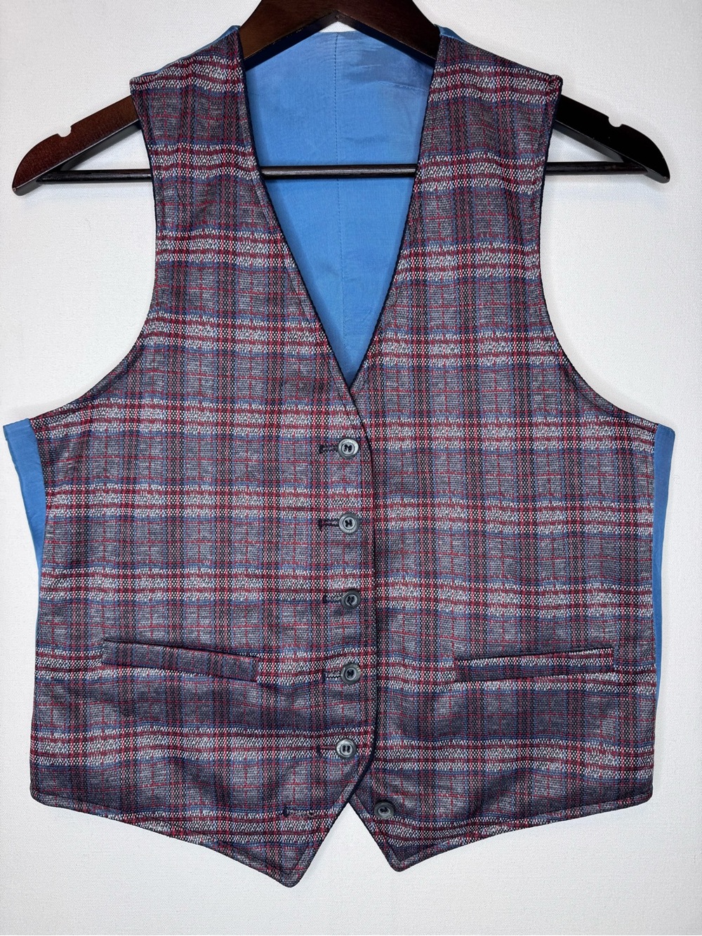 vintage 70s button-front reversible suit vest in blue and red plaid sz M/L